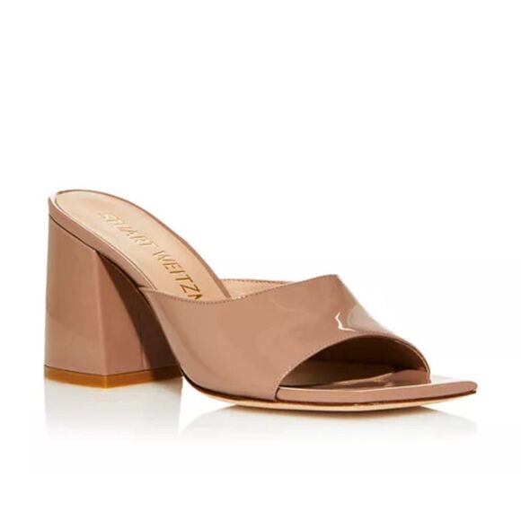 Stuart Weitzman Tia 85 Flared Block Heel Sandals Fawn Patent Leather, New Size 9 - Picture 7 of 7